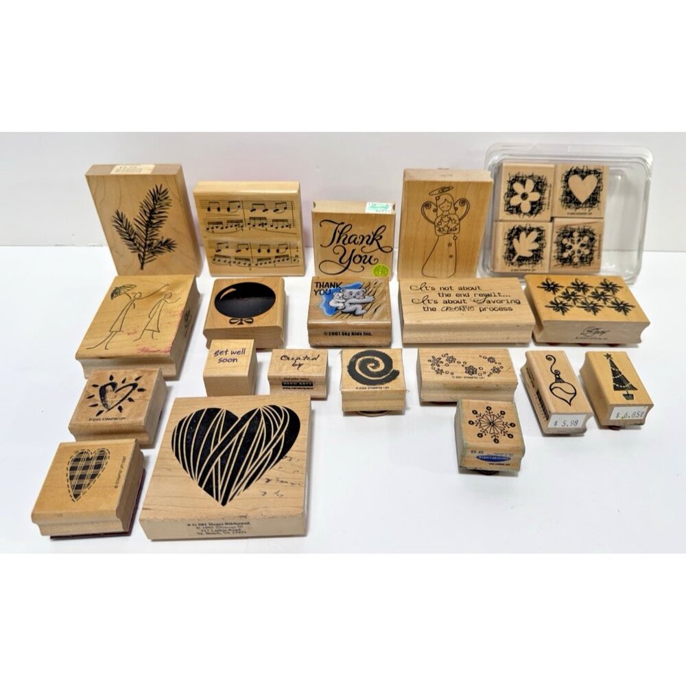 Wooden Rubber Stamps Mixed Lot of 23 Holiday Thank you Music Hearts Angel